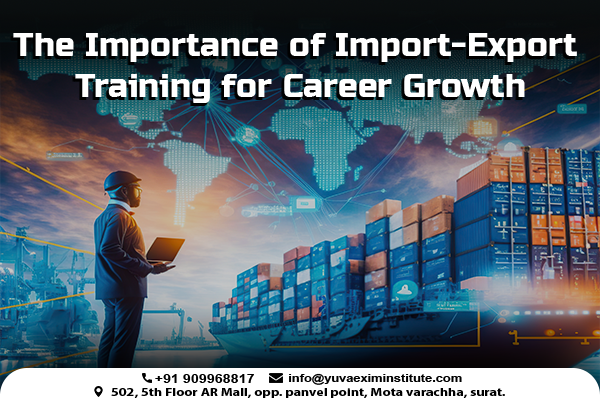 Professional discussing international trade with cargo shipments, digital global connections, and logistics in the background, emphasizing the importance of import-export training for career growth.