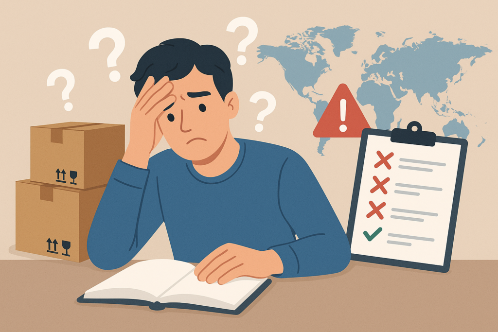 Illustration of a confused young man surrounded by shipping boxes, a checklist with errors, and question marks, representing common mistakes beginners make in import-export.