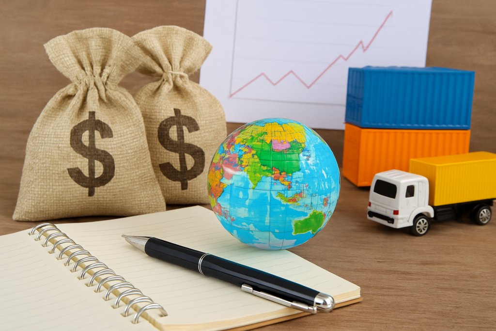 Import-export skills concept with globe, containers, and money bags