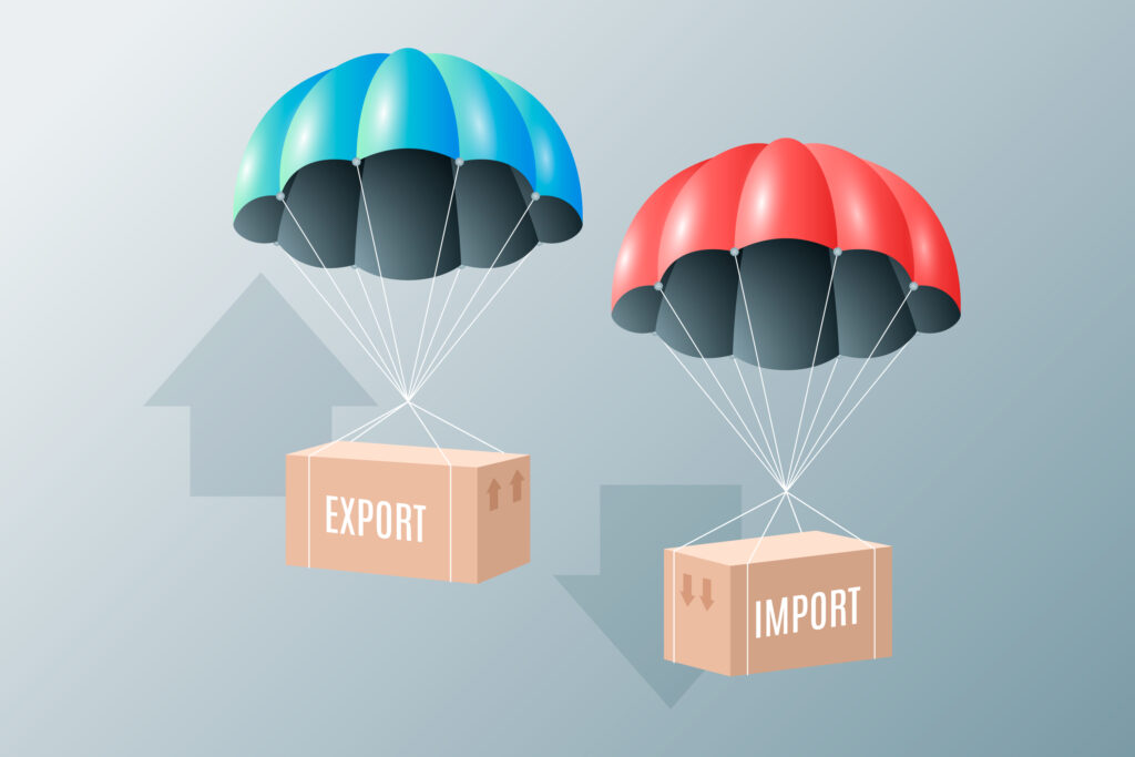 Illustration of export and import concept with parachutes delivering labeled packages