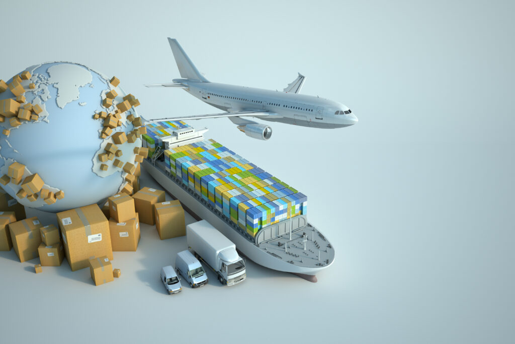 Global logistics and import-export concept with transport vehicles and packages around world map