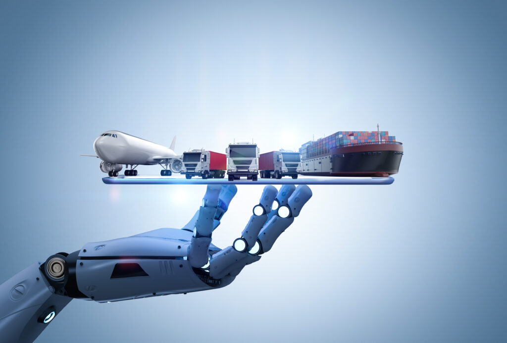 Smart logistics concept featuring a tablet controlling a robot in a distribution system.