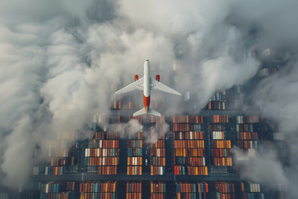 Cargo airplane flying above shipping containers, symbolizing global import-export logistics