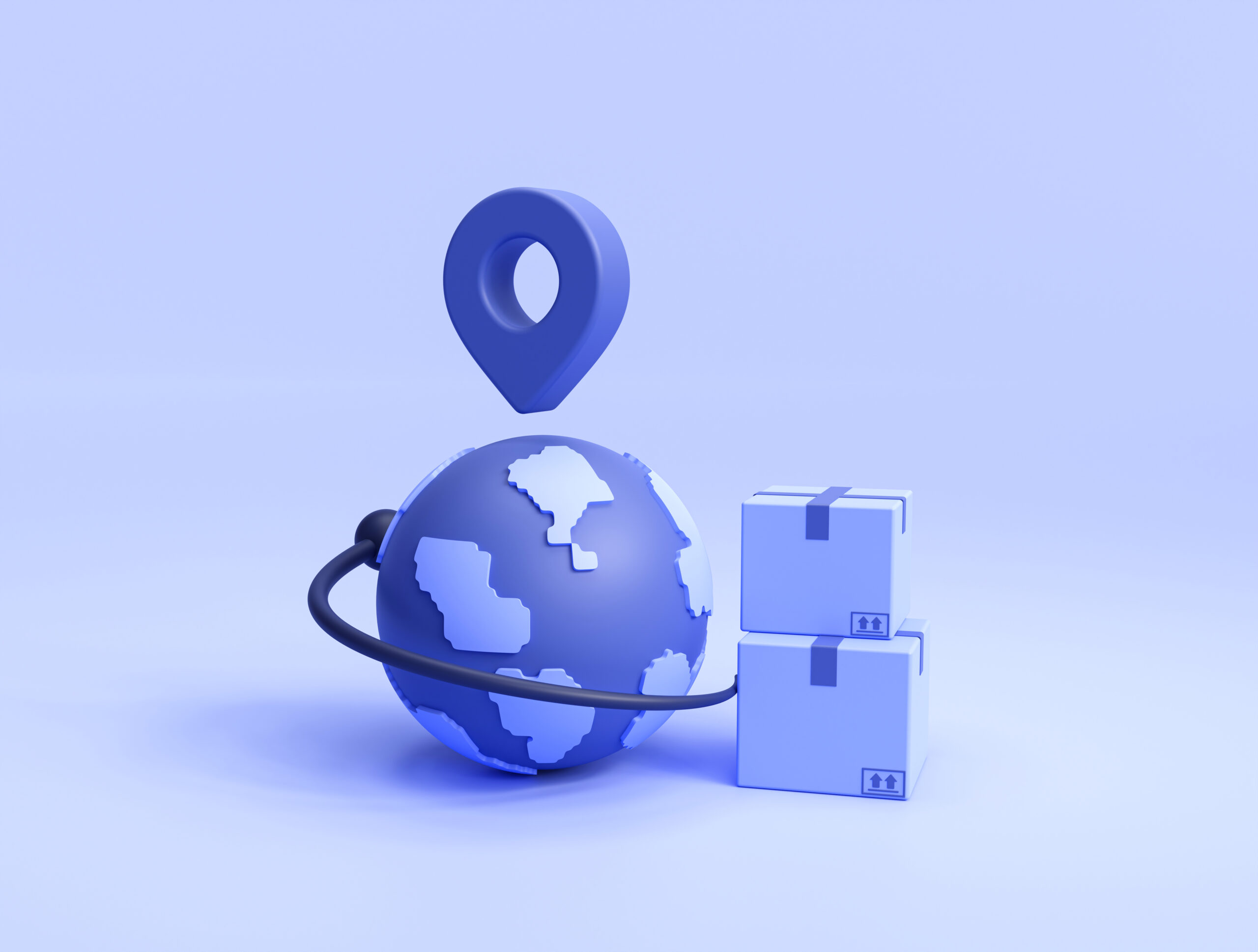 Export-import global delivery concept with boxes and world globe on blue background