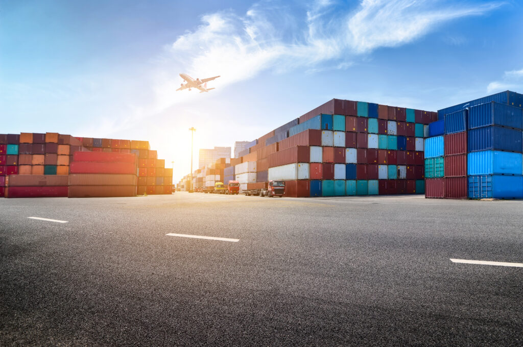 Industrial port with container yard illustrating import export course